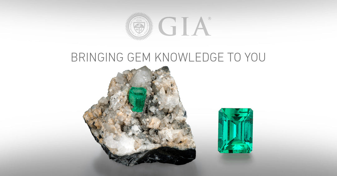 GIA certified image with a rock and green emerald stone sat next to each other with a white-gray gradient