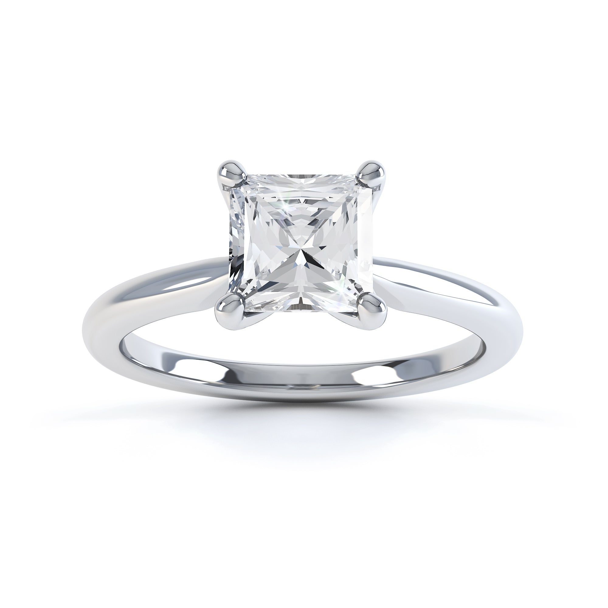 Pristine Princess Square Brilliant Cut Engagement Ring on a White Background