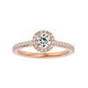 Halo engagement ring with round diamond center and pave band
