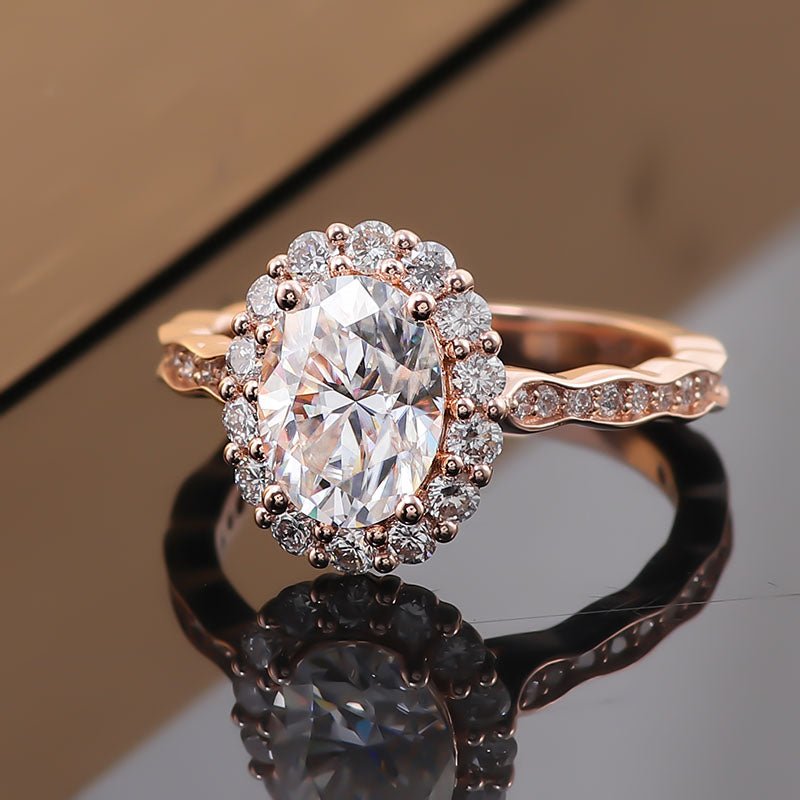 Double Halo Engagement Ring with 2 carat Oval Lab Diamond in 14K Rose Gold - Ice Dazzle - VVX™ Lab Diamond - Engagement Rings