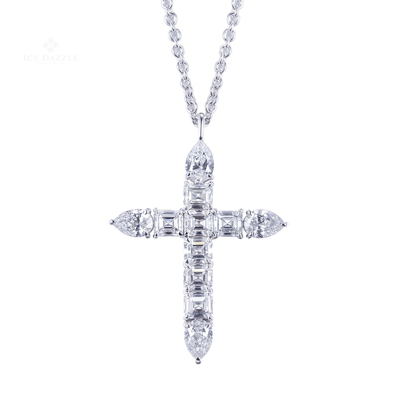 Lab Grown Diamond Fancy Cut Cross Necklace in 14K White Gold - Ice Dazzle - VVX™ Lab Diamond - Fashion Pendant