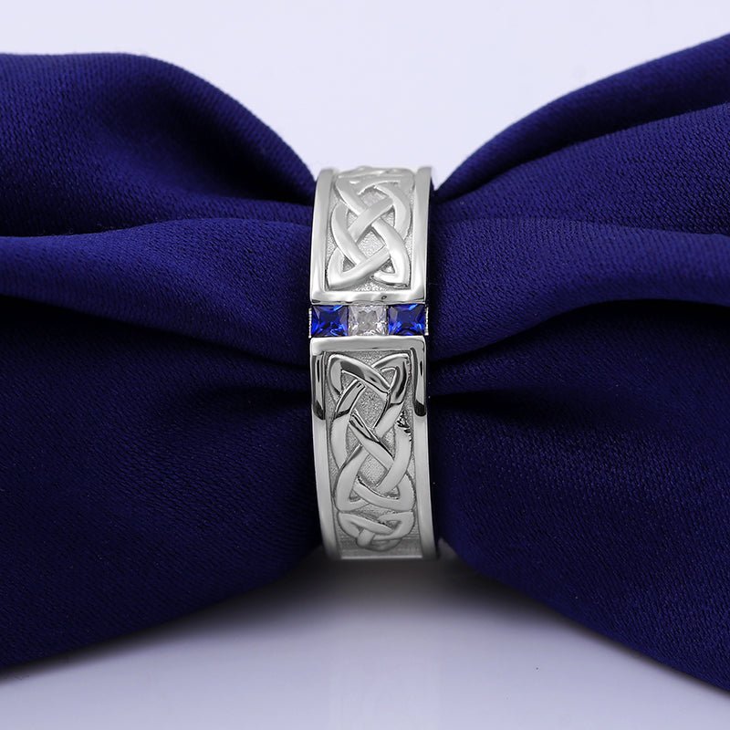 Pavé-Set Sapphire & Lab Diamond 6mm Wedding Band for Men - 10K White Gold - Ice Dazzle - VVX™ Lab Diamond - Wedding Bands