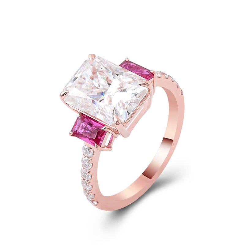 Three-Stone Ring with 2 carat Radiant Lab Diamond and Lab Emerald in 14K Rose Gold - Ice Dazzle - VVX™ Lab Diamond - Engagement Rings